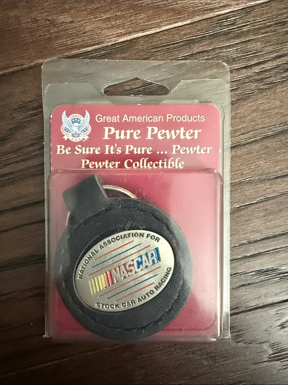 Nascar Black Leather and Pewter Keyring with Multicolor Logo  2”x2.5”